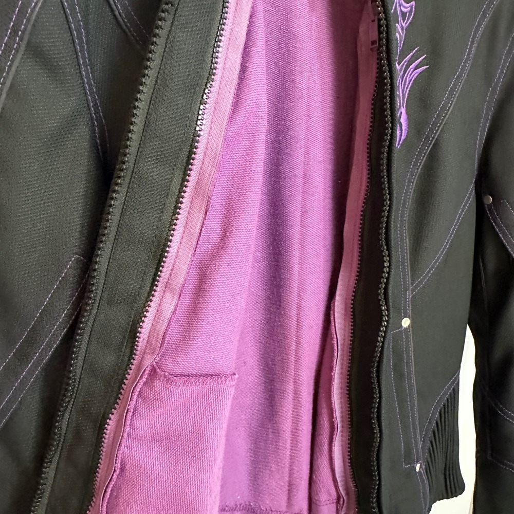 Women Black Purple Motorcycle Jacket Hoodie Liner Tribal Embroidery Biker Medium - Picture 10 of 16